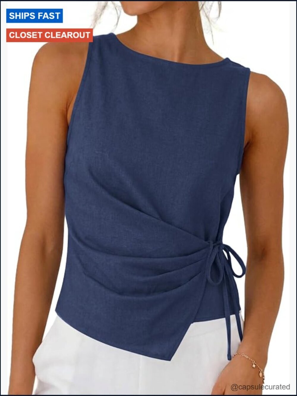 Linen Cotton Crop Tank Top Tie Wrap Sleeveless Ruched Boat Neck Casual Summer